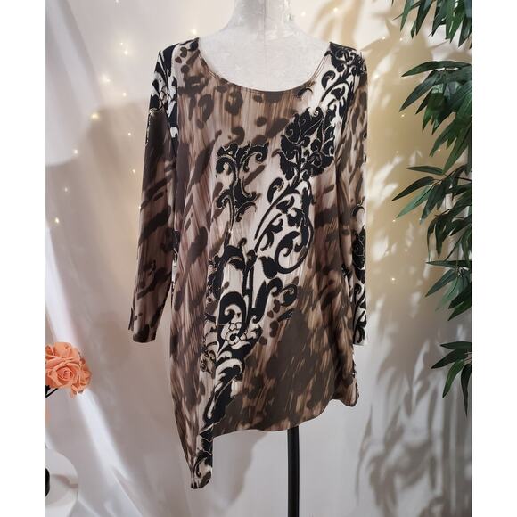 Chicos Travelers Asymmetrical, Animal Floral Slinky Stretch Tunic Top 3 US XL 16 - Picture 1 of 13